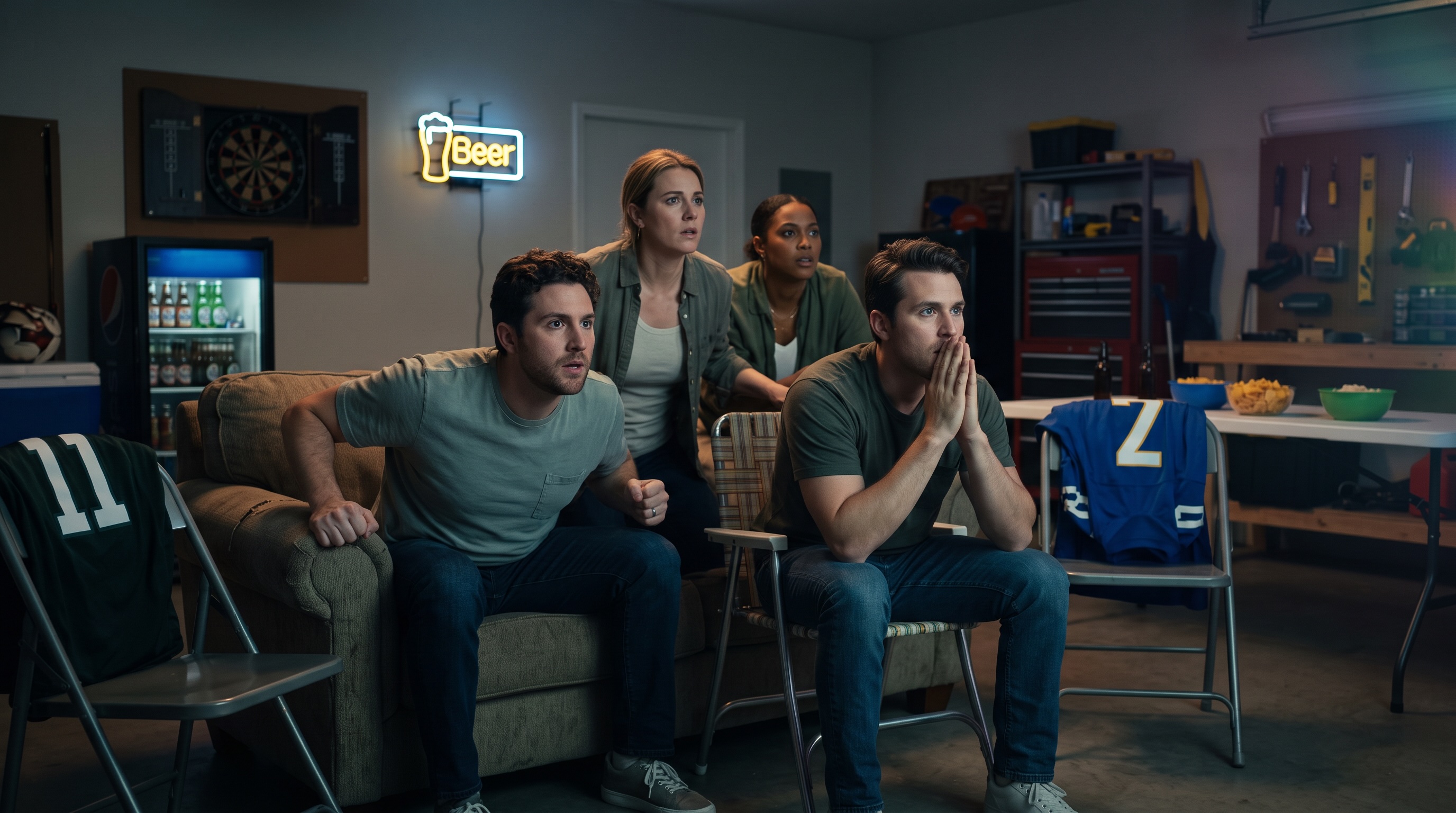 A group of friends hanging out in a garage, lit by string lights