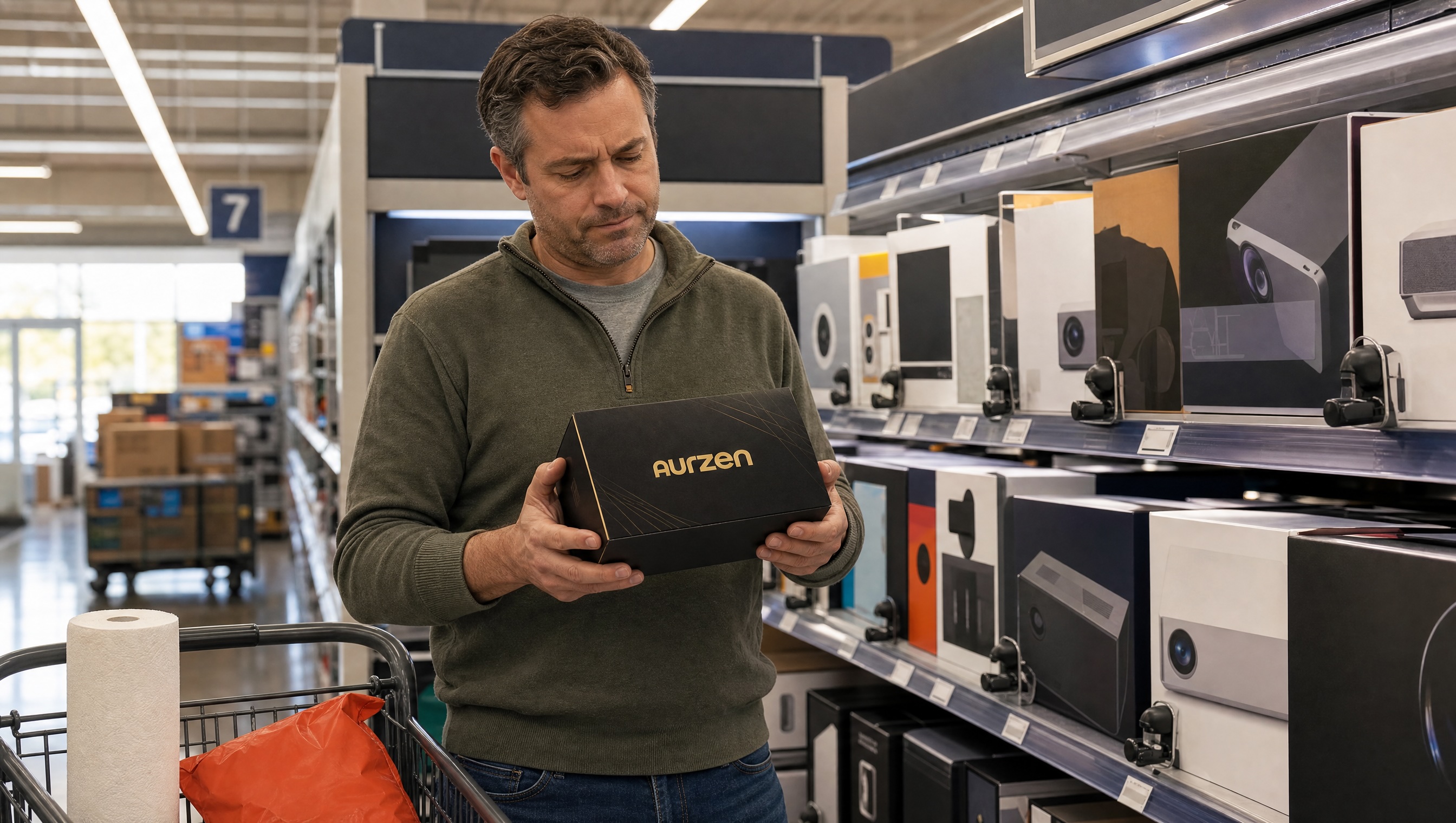 A man examining a branded AURZEN box in a bright retail store