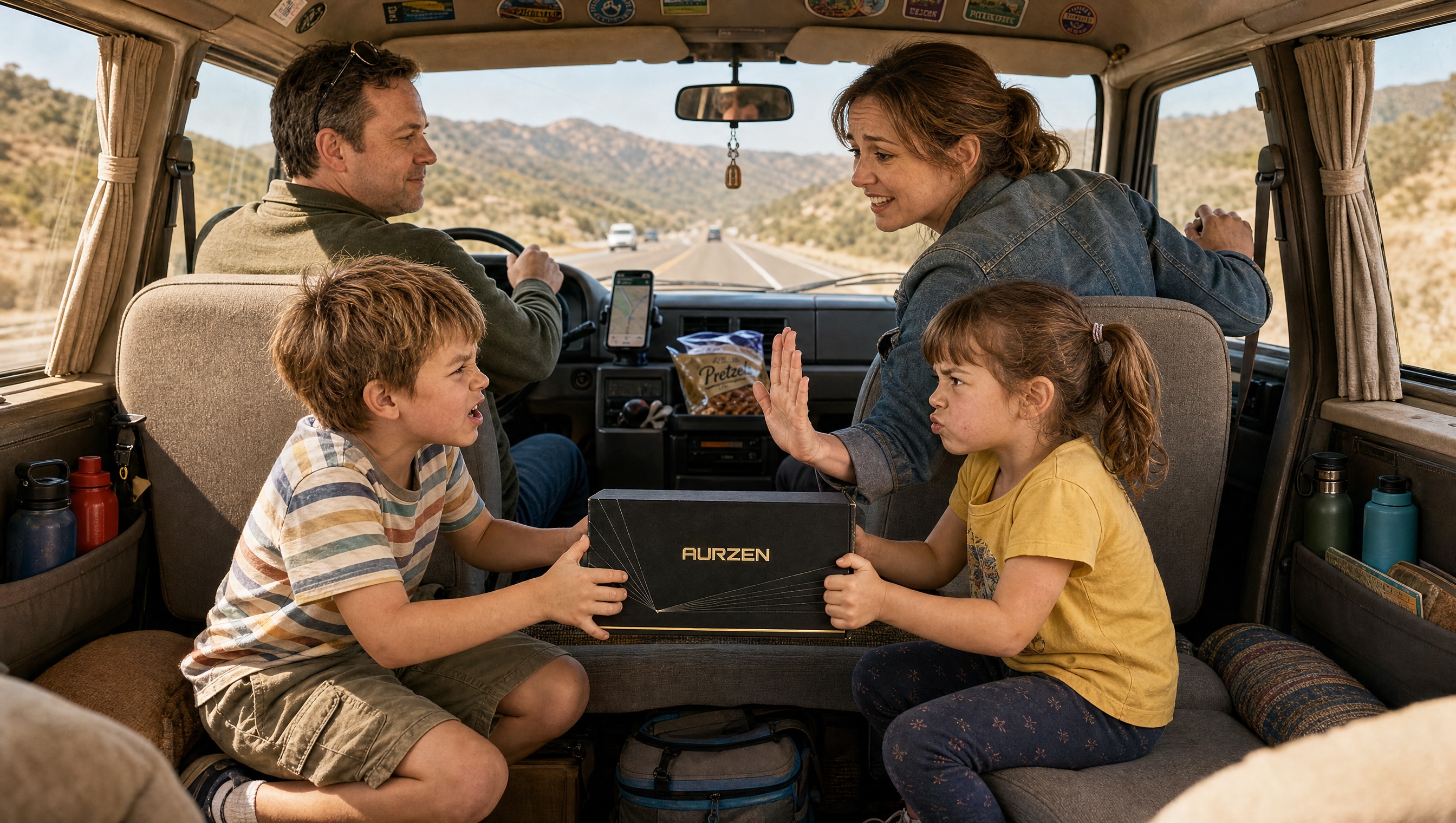 Kids fighting over a branded box in a car, bright daylight on a desert highway
