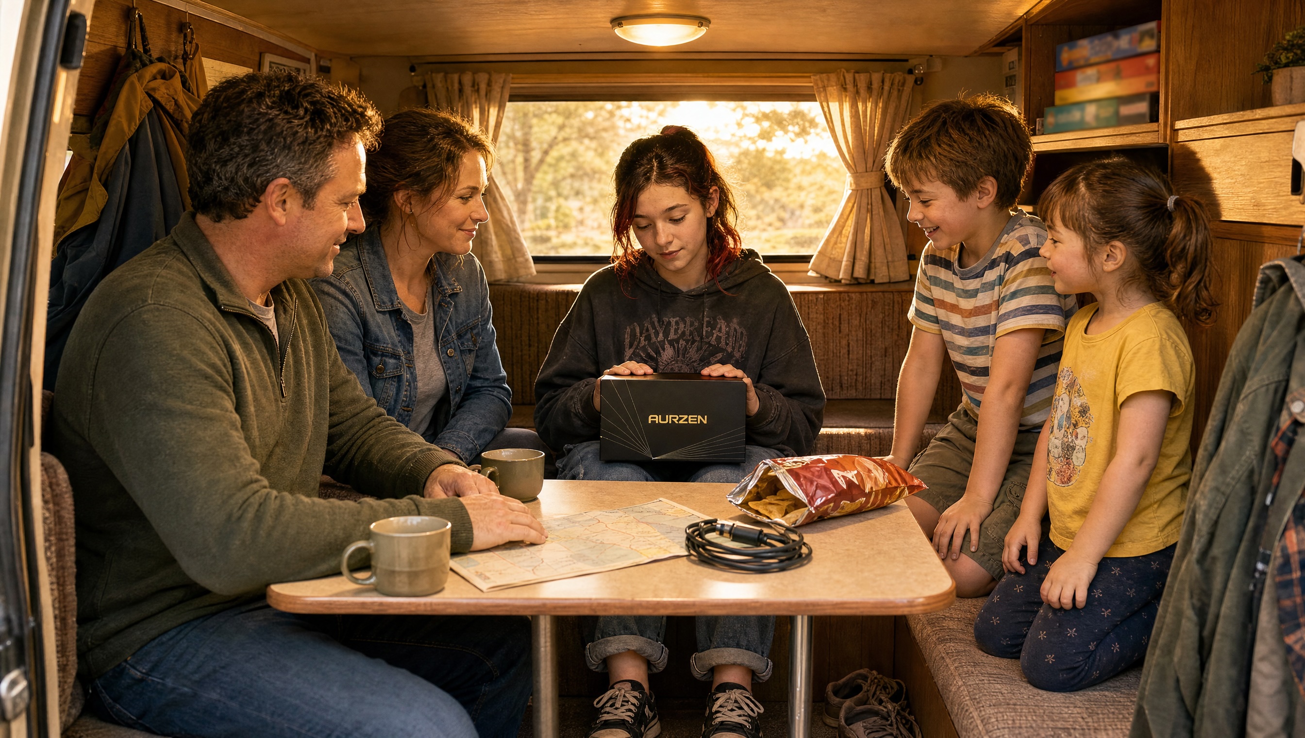 A family in a camper van at golden-hour dusk, teen holding a branded box