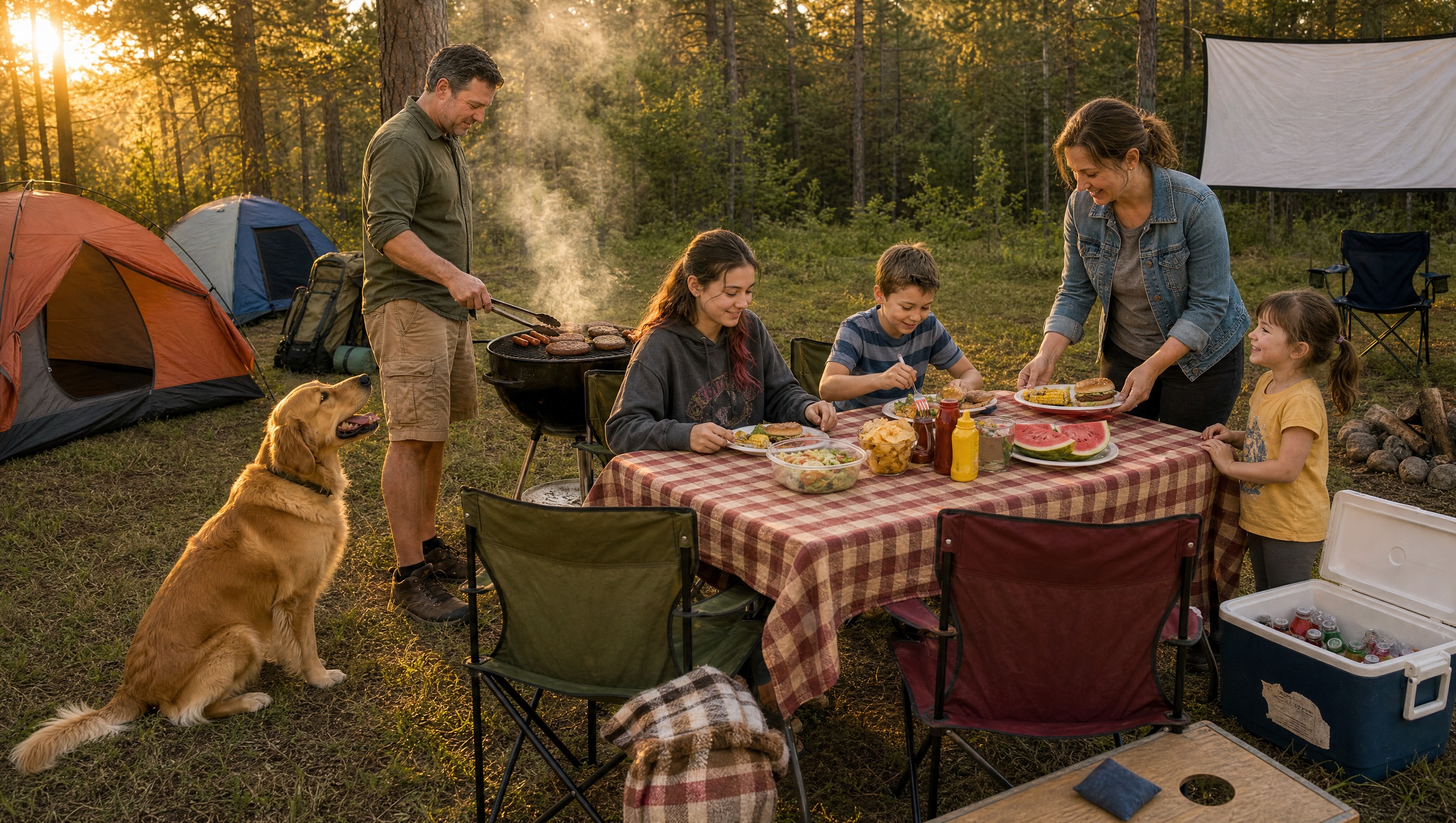 A family cookout at golden hour with a projector screen stretched between trees in the background