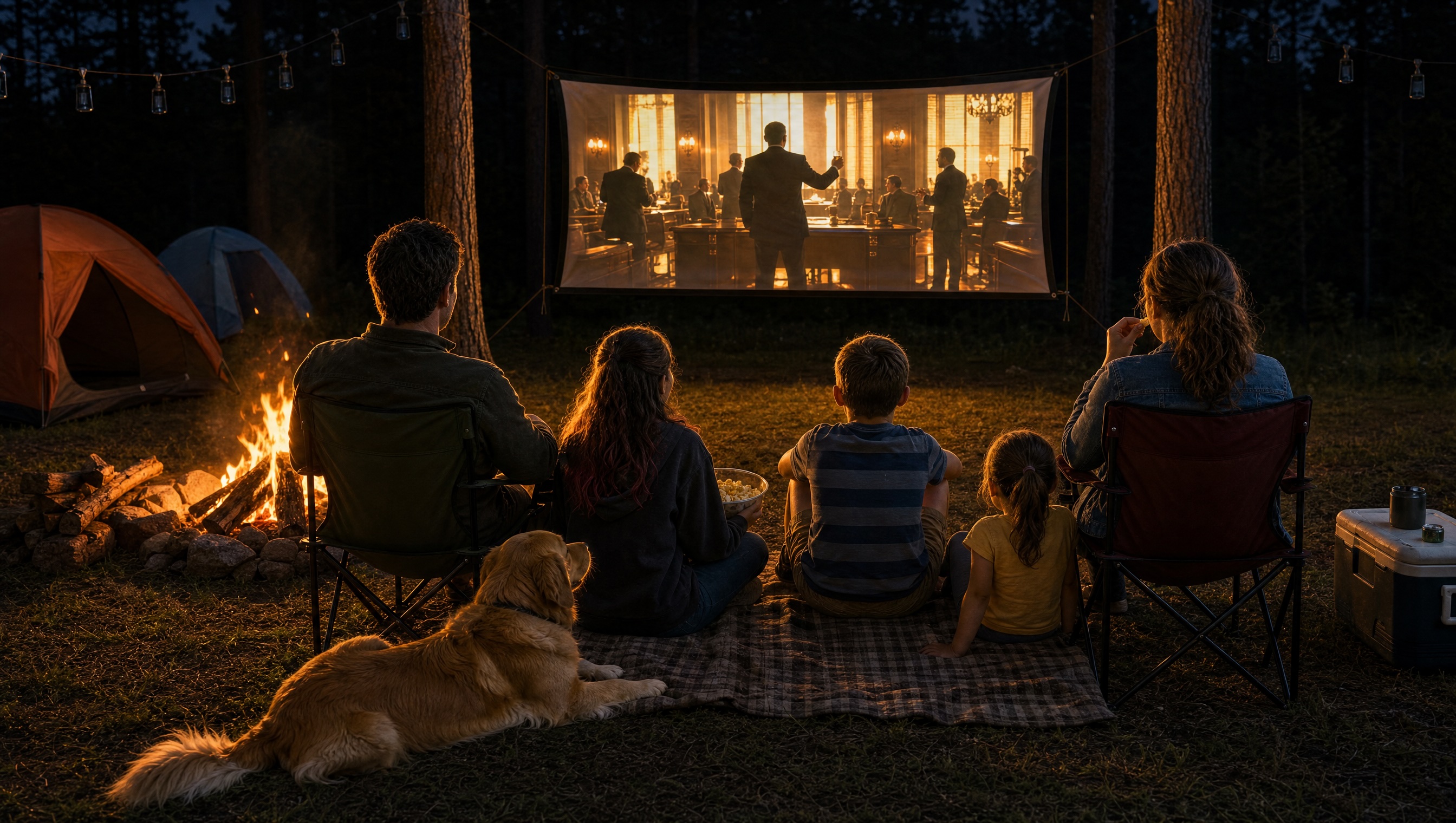 A family and dog watching a projected screen at a night campsite, lit by firelight and projector glow from behind