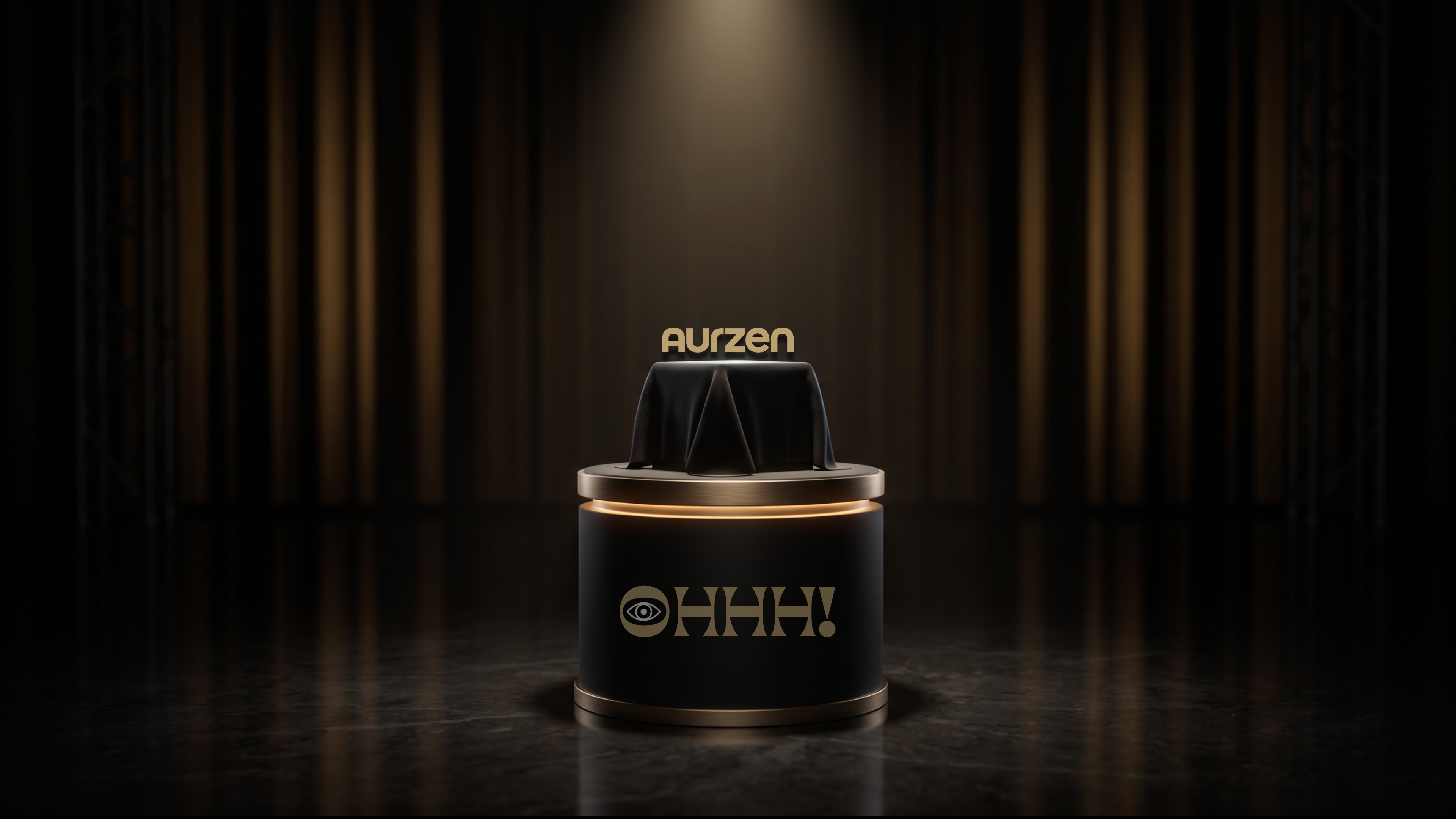 A cylindrical pedestal with gold rings, the object fully concealed under draped black cloth, lit by a single dramatic overhead spotlight, gold stage curtains blurred behind