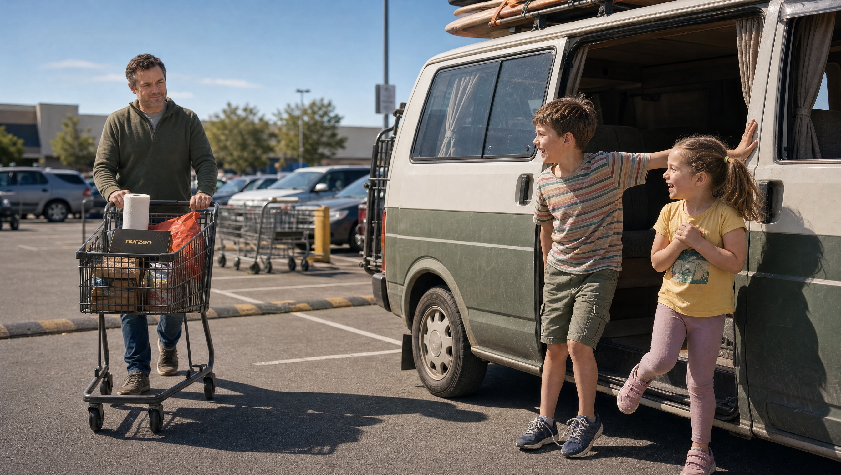 A father pushing a supermarket cart with the AURZEN box in it, walking toward a vintage camper van where two kids lean out laughing in a bright daylight parking lot