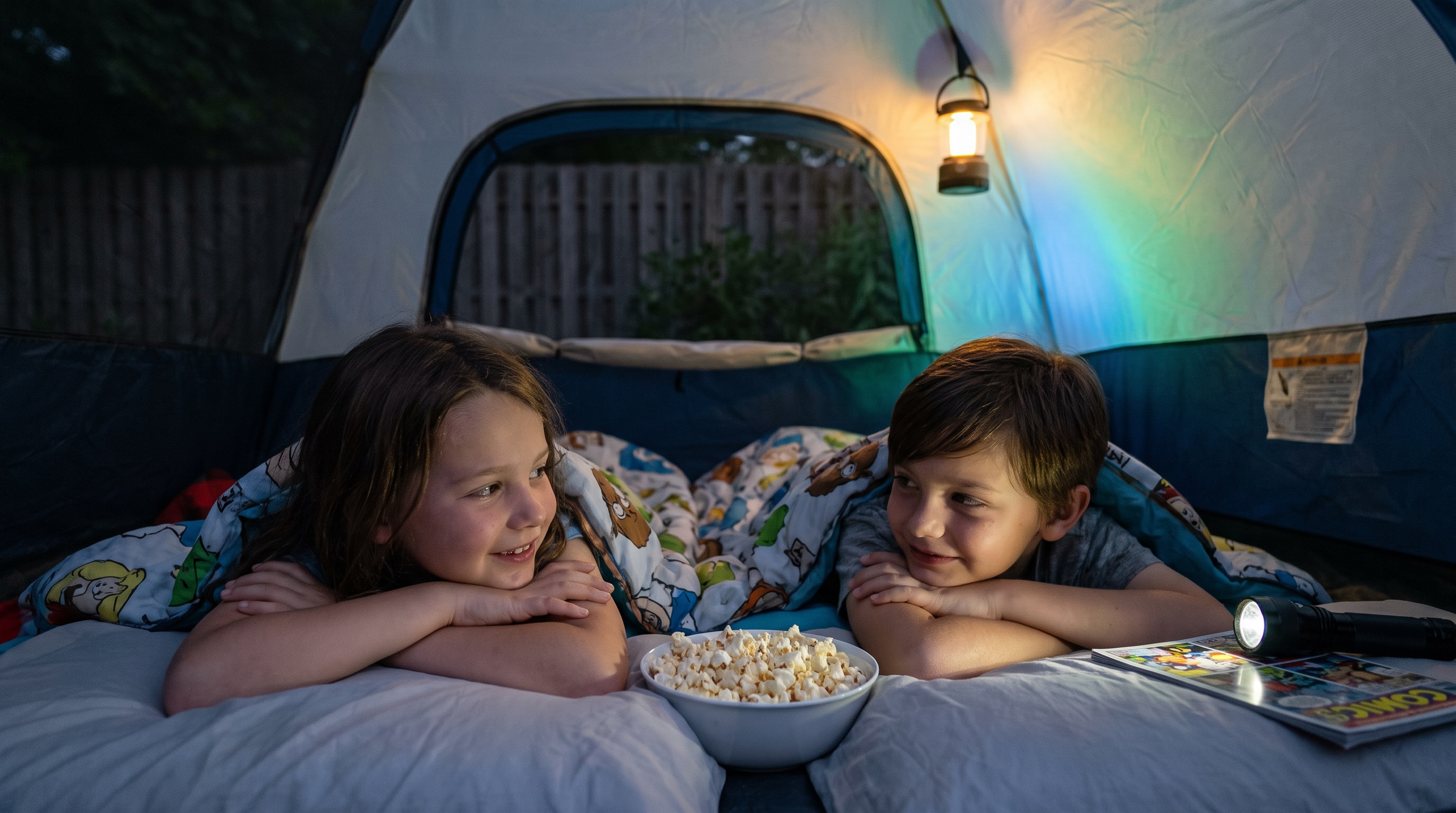 Two kids lying in a backyard tent at dusk, a popcorn bowl between them, one holding a flashlight, warm lantern glow inside and cool twilight visible through the tent screen