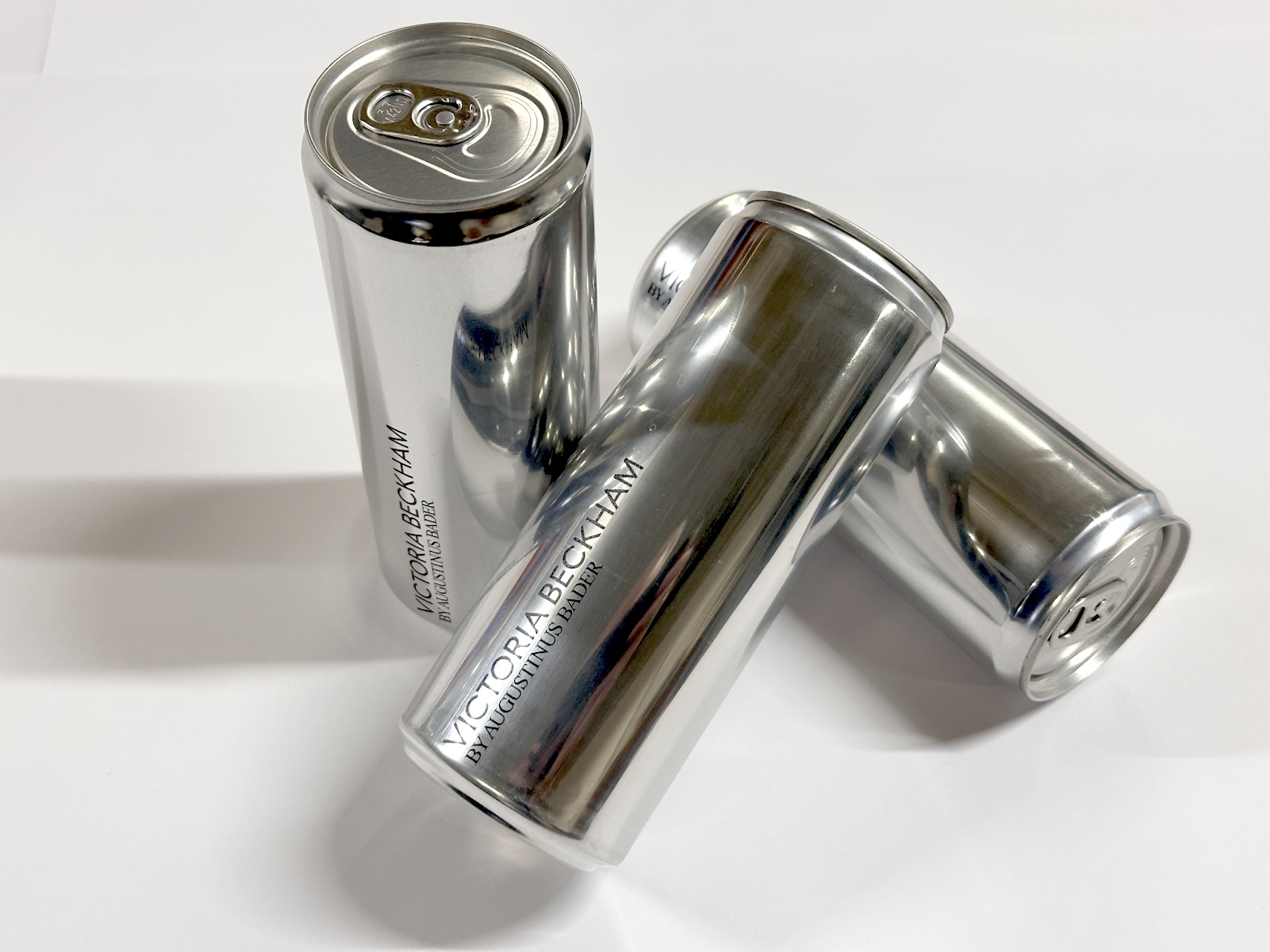 Bespoke drink cans printed with the Victoria Beckham wordmark