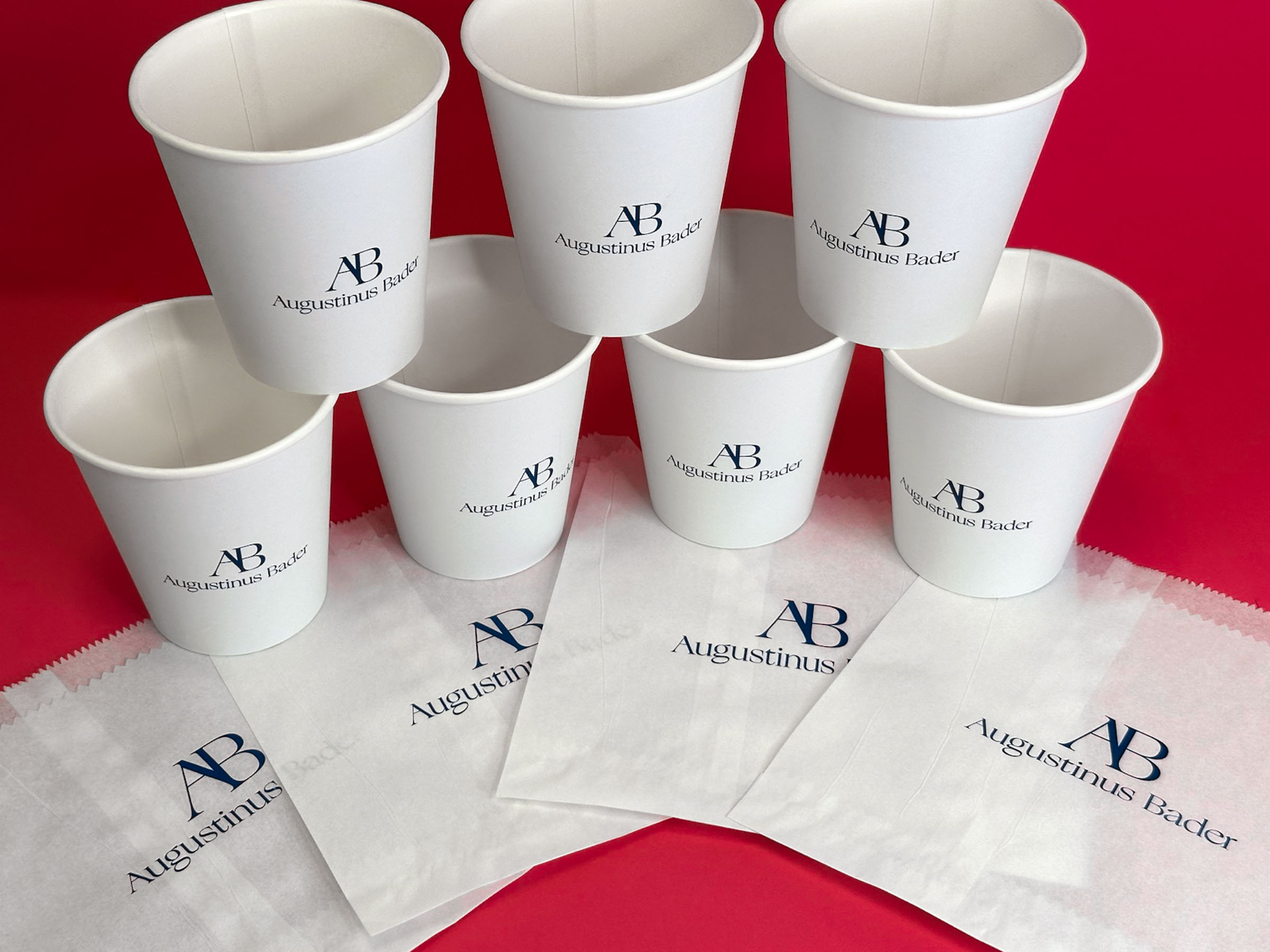 printed paper cups and pastry bags for Augustinus Bader
