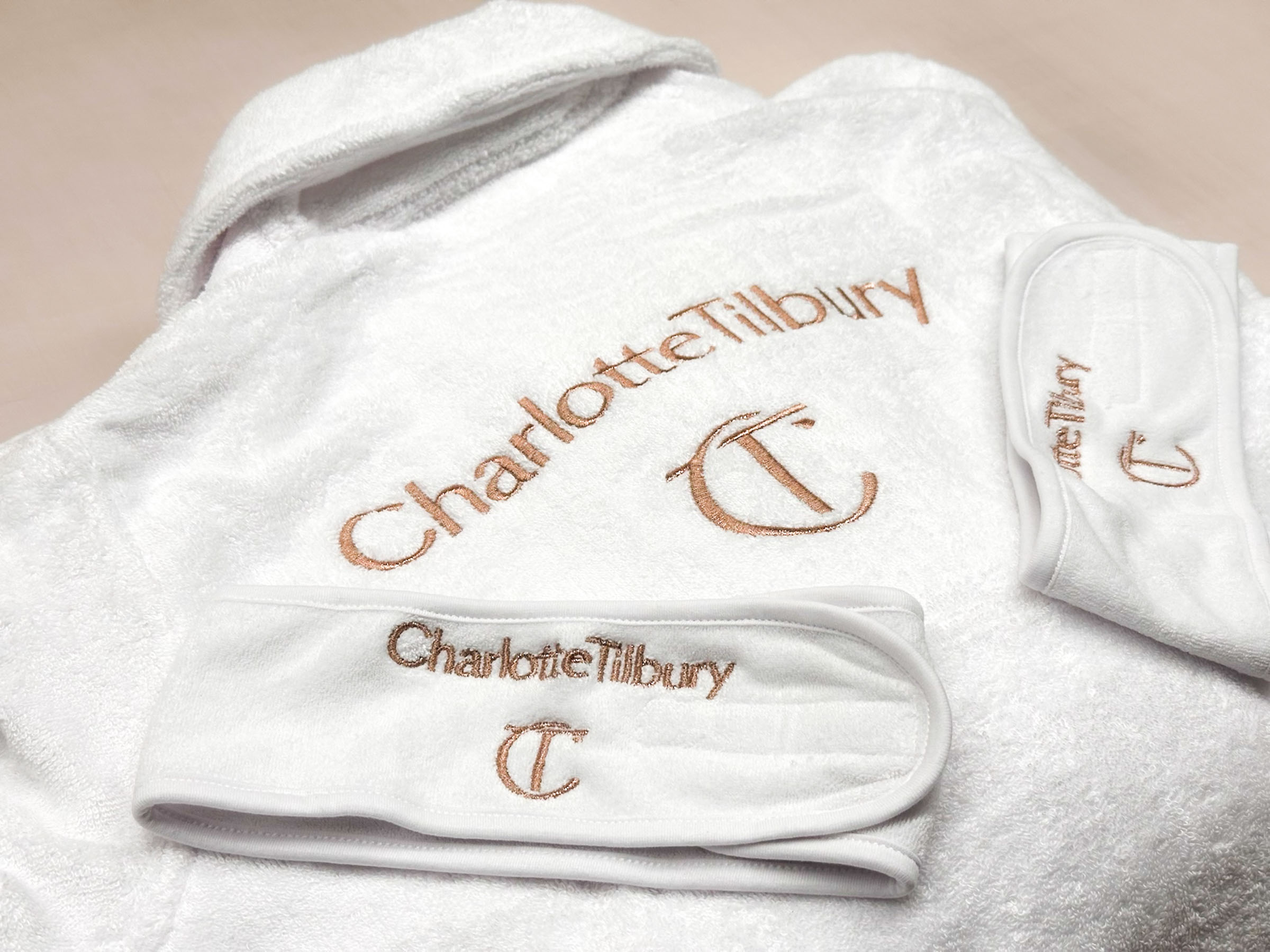 Custom embroidery on dressing gowns and hairbands