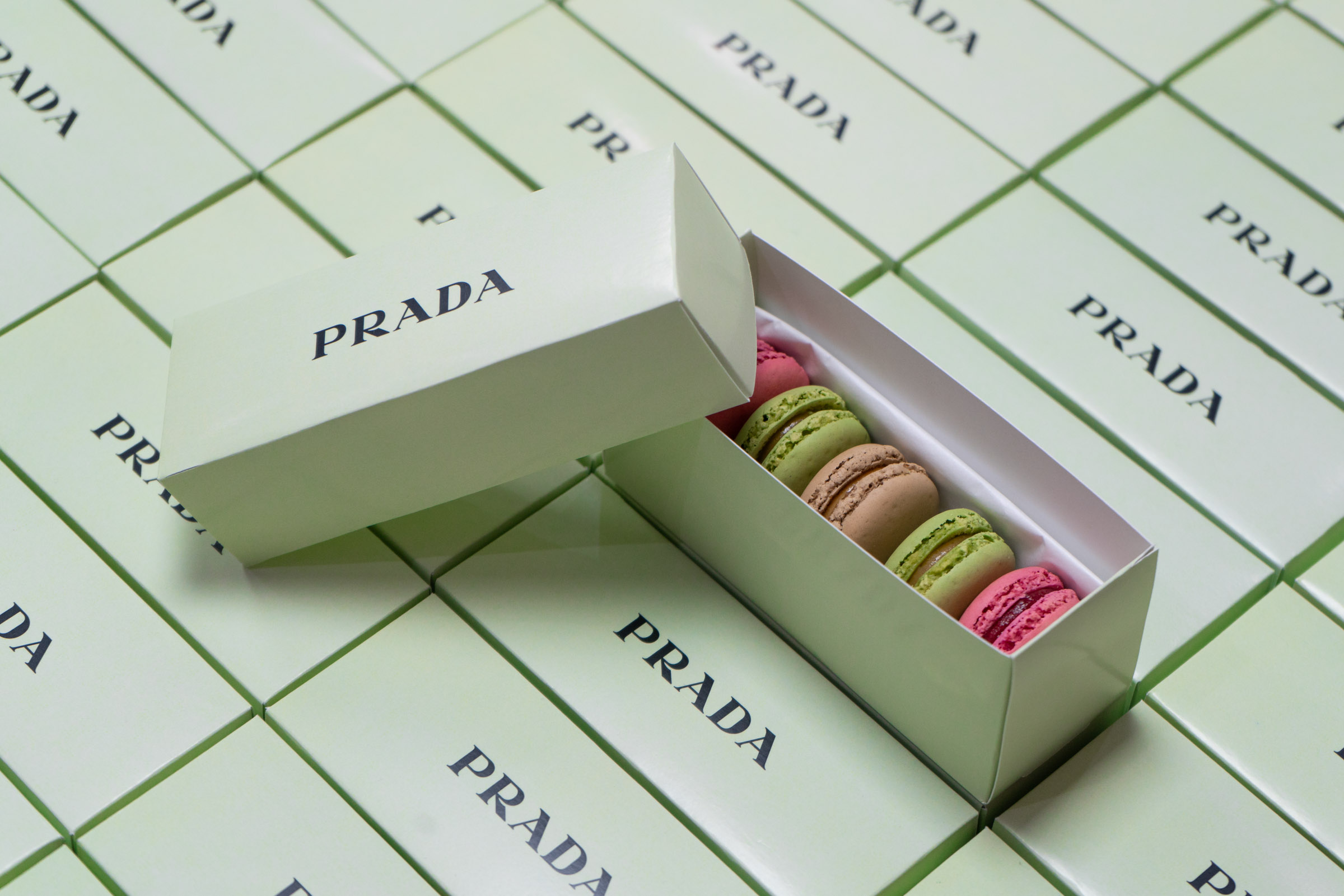 Custom food-safe macaroon boxes for a Prada event