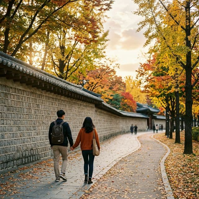 Una pareja de turistas paseando agarrados de la mano por Deoksugung Doldamgil