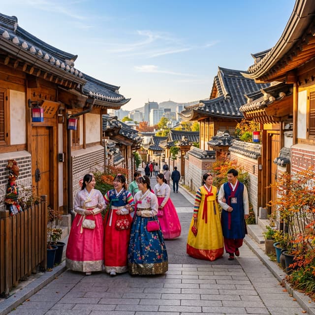 Varios turistas vistiendo Hanbok en el barrio tradicional de Bukchon