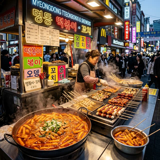 Un puesto de comida en una calle comercial de Seúl