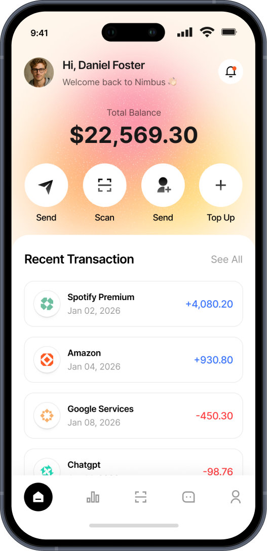 Mobile banking app screen showing user Daniel Foster with a total balance of $22,569.30, icons for Send, Scan, Send to contact, and Top Up, and recent transactions including Spotify Premium, Amazon, Google Services, and Chatgpt.