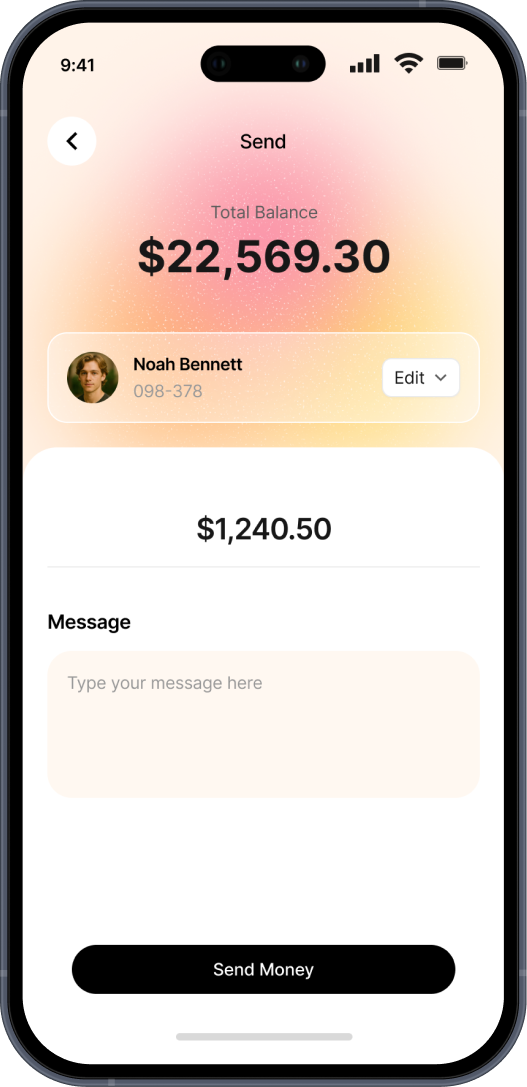 Mobile banking app screen showing a send money interface with total balance of $22,569.30, recipient Noah Bennett, amount $1,240.50, message input field, and Send Money button.