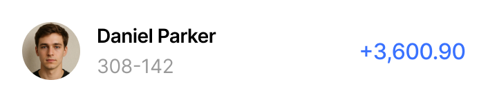 Profile photo of a young man labeled Daniel Parker with account number 308-142 and a positive balance of 3,600.90 in blue text.