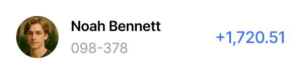 Profile photo of a young man with blond hair, name Noah Bennett, ID number 098-378, and a positive balance of 1,720.51 in blue text.