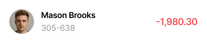 User profile of Mason Brooks with phone number 305-638 and negative balance of 1,980.30 in red text.