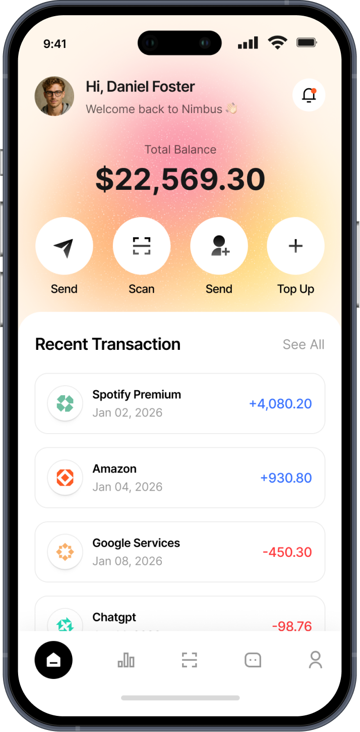 Mobile banking app screen showing user Daniel Foster's total balance of $22,569.30, recent transactions including Spotify Premium, Amazon, Google Services, and Chatgpt, with options to send, scan, add contacts, and top up.