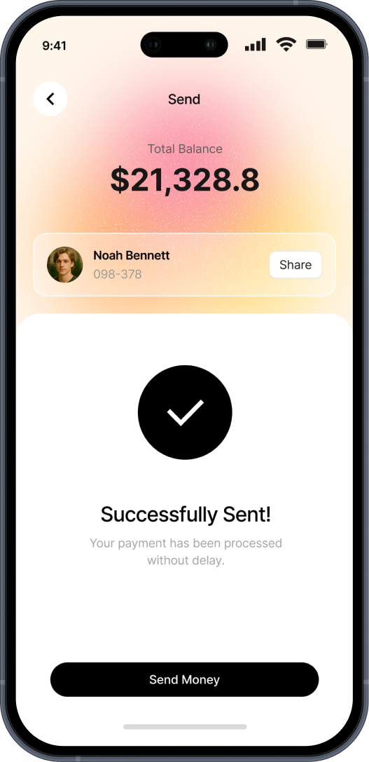 Mobile screen showing a payment app with $21,328.8 total balance, payment to Noah Bennett successfully sent confirmation, and a Send Money button.