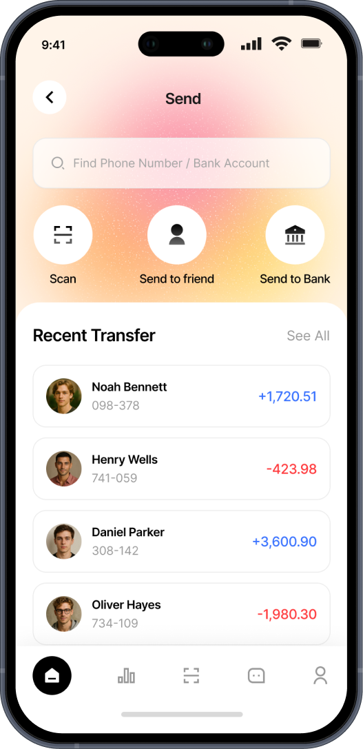Mobile banking app screen showing send options with recent transfers to Noah Bennett, Henry Wells, Daniel Parker, and Oliver Hayes with amounts in blue and red.