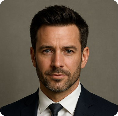 Portrait of a confident man with dark hair and beard wearing a black suit and tie against a gray background.