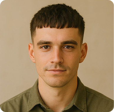 Young man with short dark hair and brown eyes wearing an olive green shirt against a beige background.