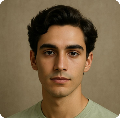 Portrait of a young man with dark hair and brown eyes wearing a light green shirt against a plain brown background.
