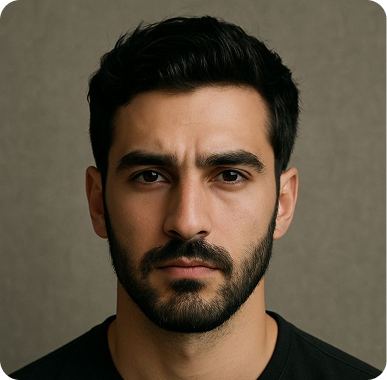 Portrait of a serious man with dark hair, beard, and mustache wearing a black shirt against a muted background.