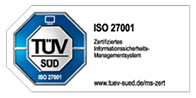 TÜV SÜD ISO 27001 Zertifizierter Informationssicherheits-Managementsystem-Logo mit Webadresse www.tuev-sued.de/ms-zert.