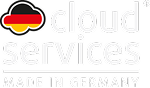 Logo mit deutscher Flagge und Schriftzug Cloud Services, hergestellt in Deutschland.