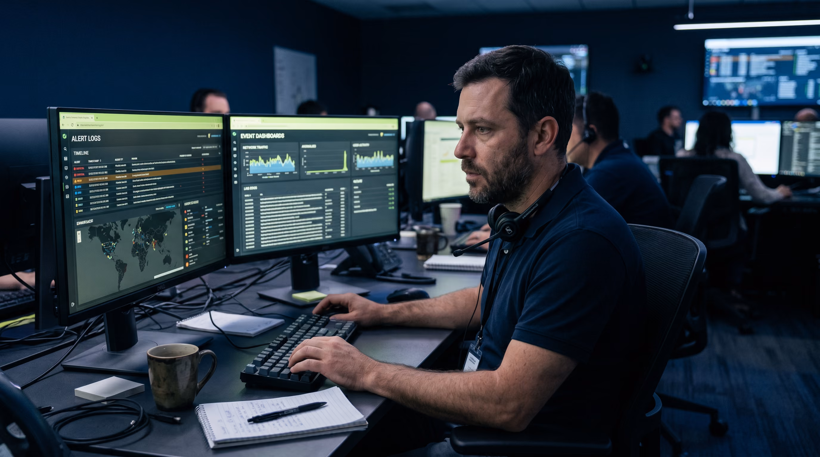 Security-Analyst bei der Arbeit an SIEM-Dashboards im Cyber Defense Center von Argos Security