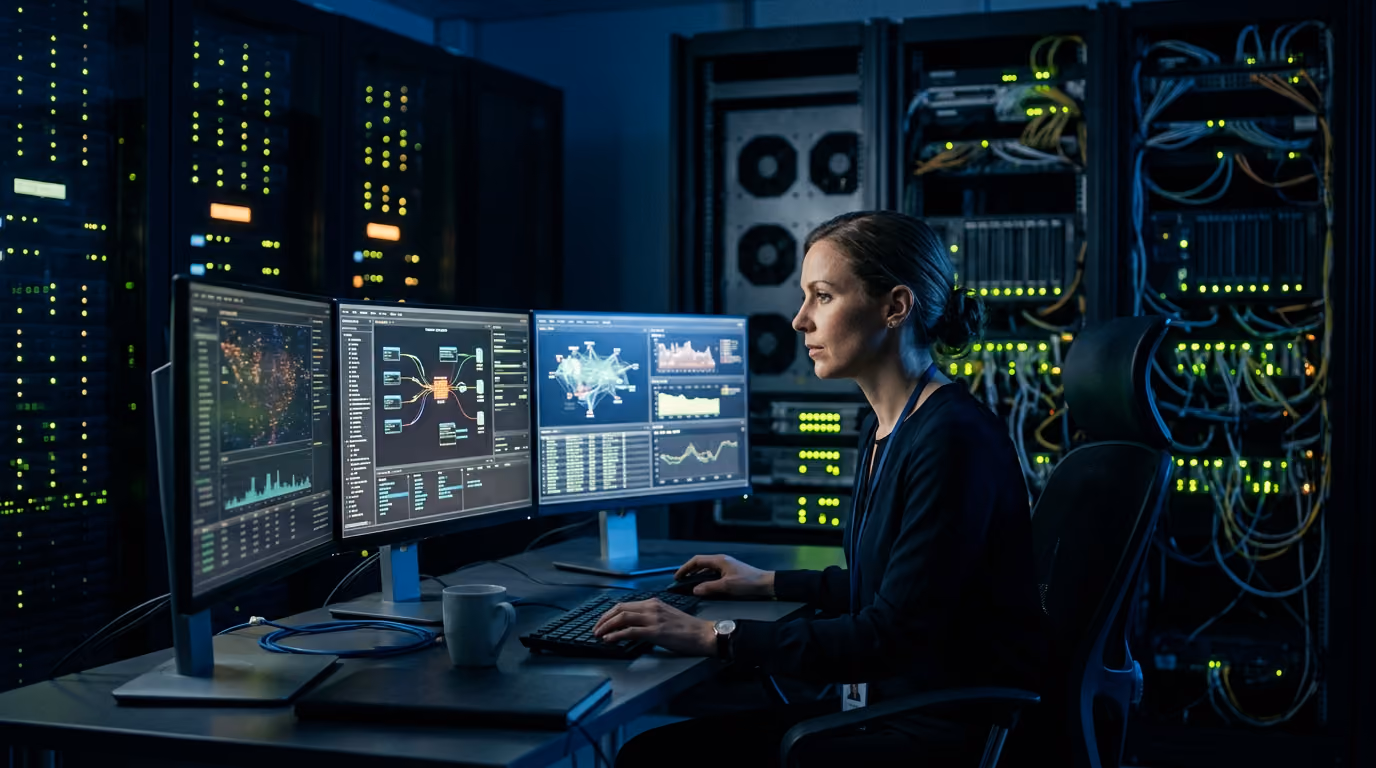 Netzwerk-Security-Engineer von Argos Security überwacht die Firewall im Rechenzentrum