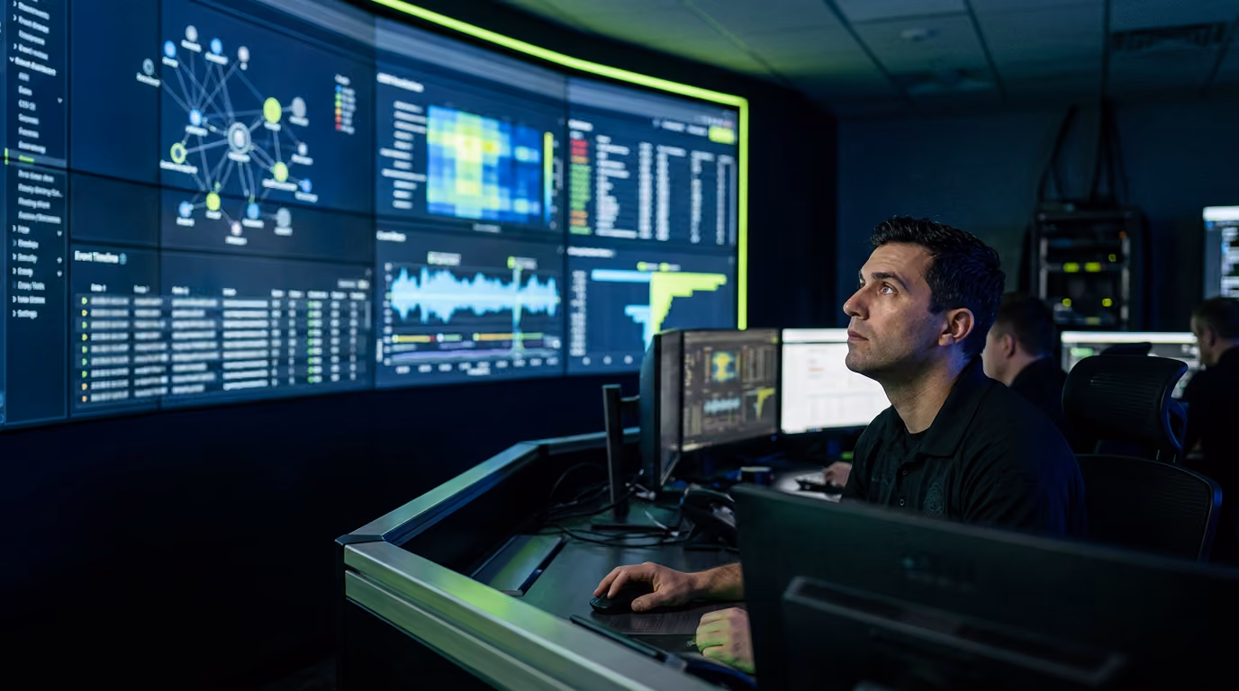 SOC-Analyst von Argos Security überwacht ein SIEM-Dashboard