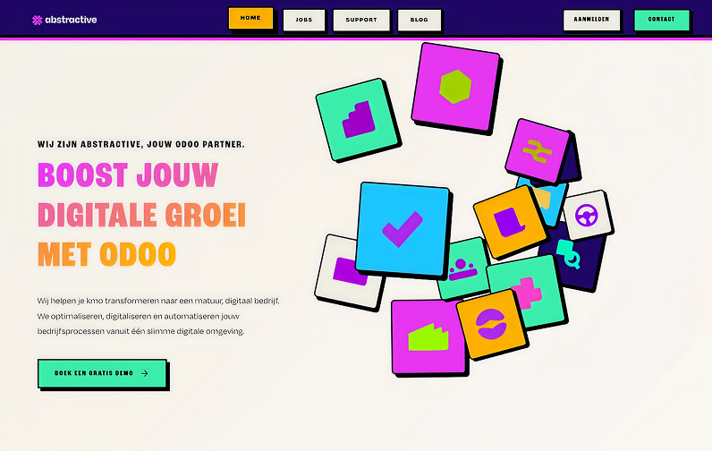 Website homepage of Abstractive with navigation menu and Dutch text promoting digital growth with Odoo for SMEs alongside colorful app icons.