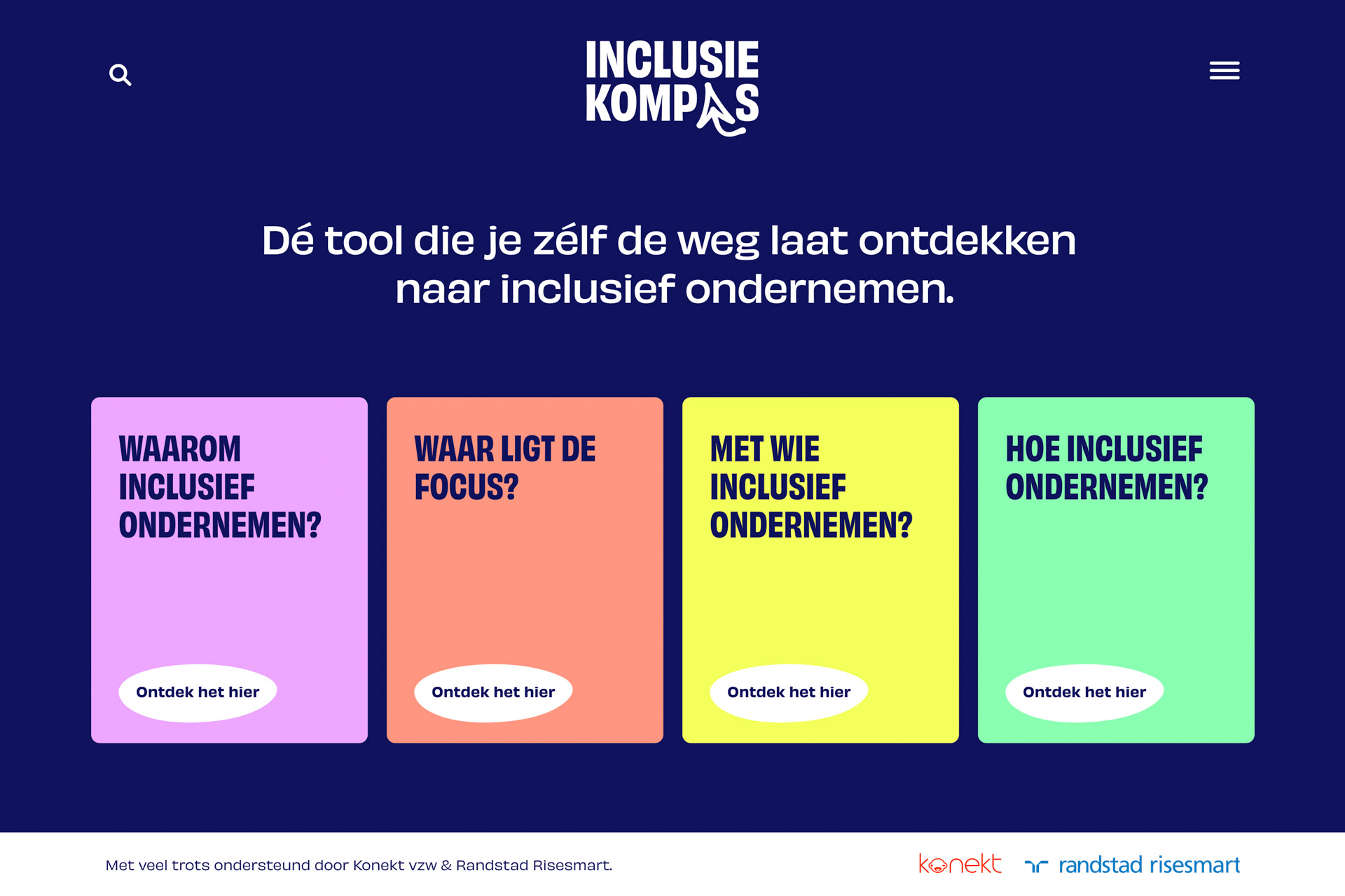 Inclusie Kompas logo met de tekst: Dé tool die je zélf de weg laat ontdekken naar inclusief ondernemen, gevolgd door vier gekleurde blokken met vragen over inclusief ondernemen en knoppen om te ontdekken.