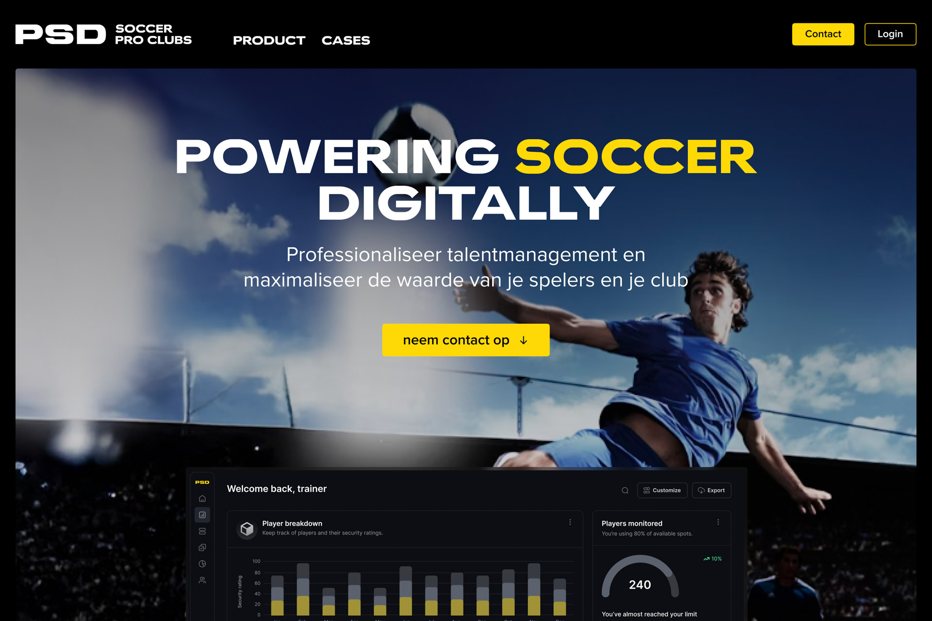 Website homepage for Soccer Pro Clubs showing a soccer player in blue kicking a ball with digital talent management dashboard overlay.