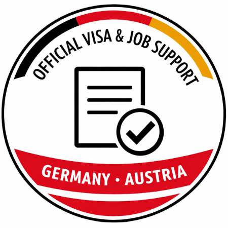 Official circular seal for Visa and Job Support in Germany and Austria featuring a document icon and national color accents.