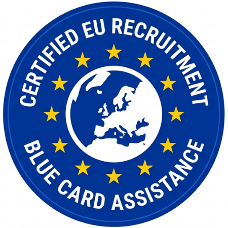Professional blue certification badge for EU recruitment and Blue Card assistance with European stars and globe icon.