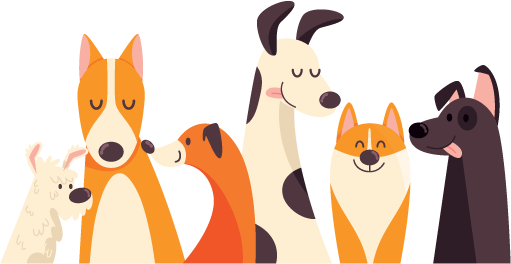 Illustration of six cartoon dogs of different breeds standing side by side with happy expressions.