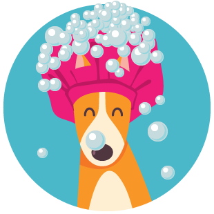 Cartoon dog wearing a pink shower cap covered in soap bubbles on a blue background.