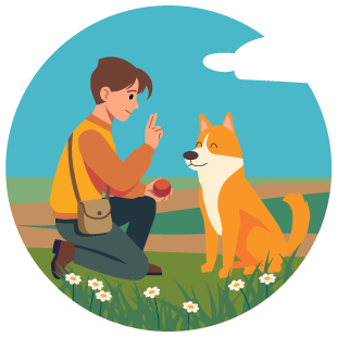 Person kneeling outdoors holding treat, training an attentive orange and white dog sitting amid grass and flowers.