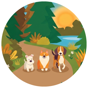 Three dogs sitting on a forest path with trees, a pond, and the sun setting in the background.