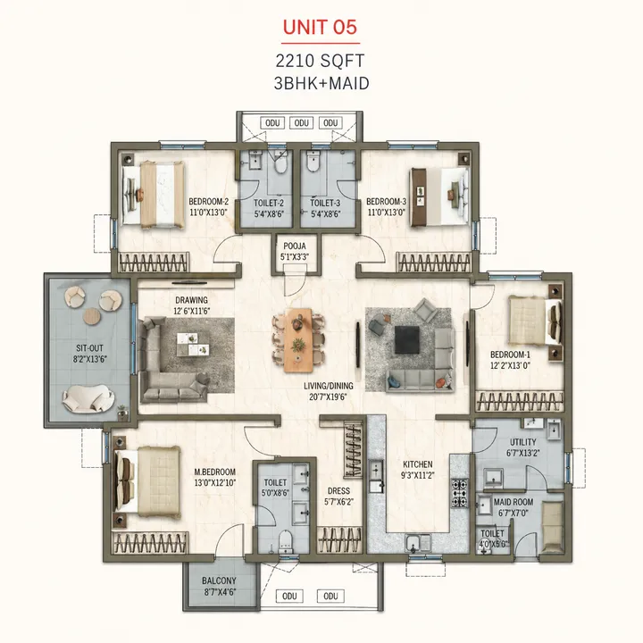3 BHK (2210 sqft) with Maid Room Floor Plan at Poulomi Florique
