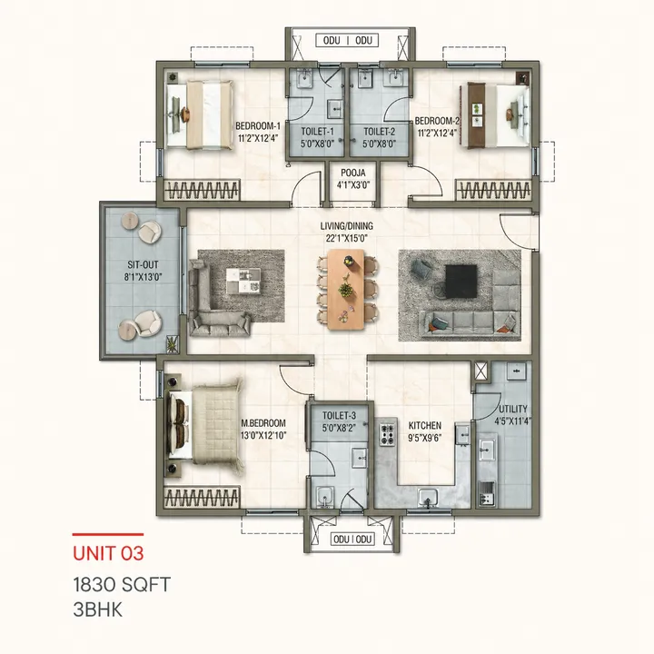 3 BHK (1830 sqft) Floor Plan at Poulomi Florique