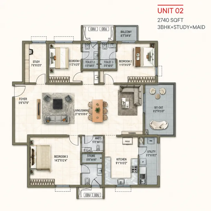 3 BHK (2740 sqft) with study and Maid Rooms Floor Plan at Poulomi Florique