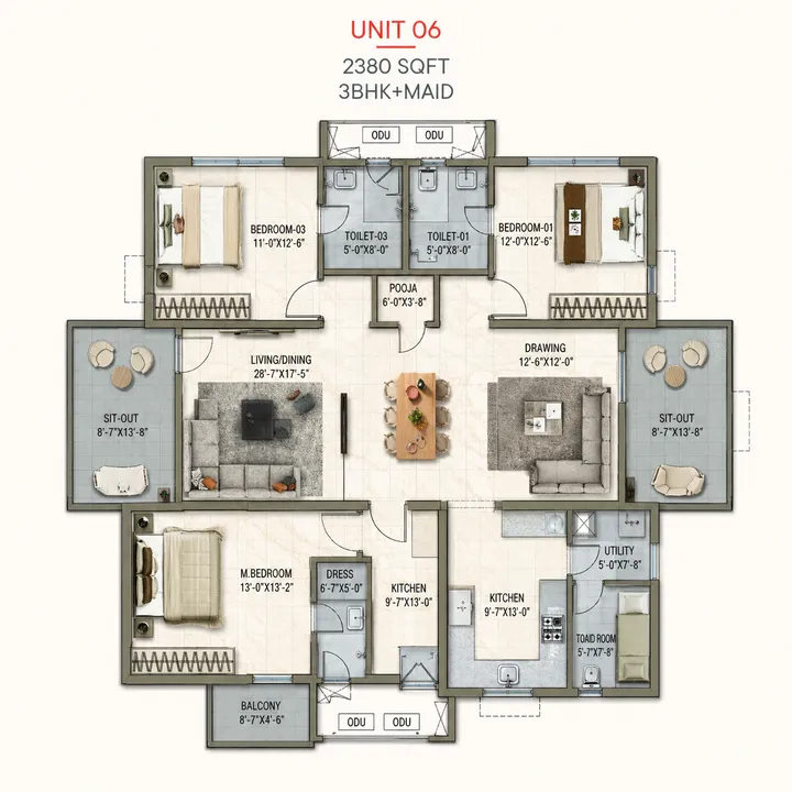 3 BHK (2380 sqft) with Maid Room Floor Plan at Poulomi Florique