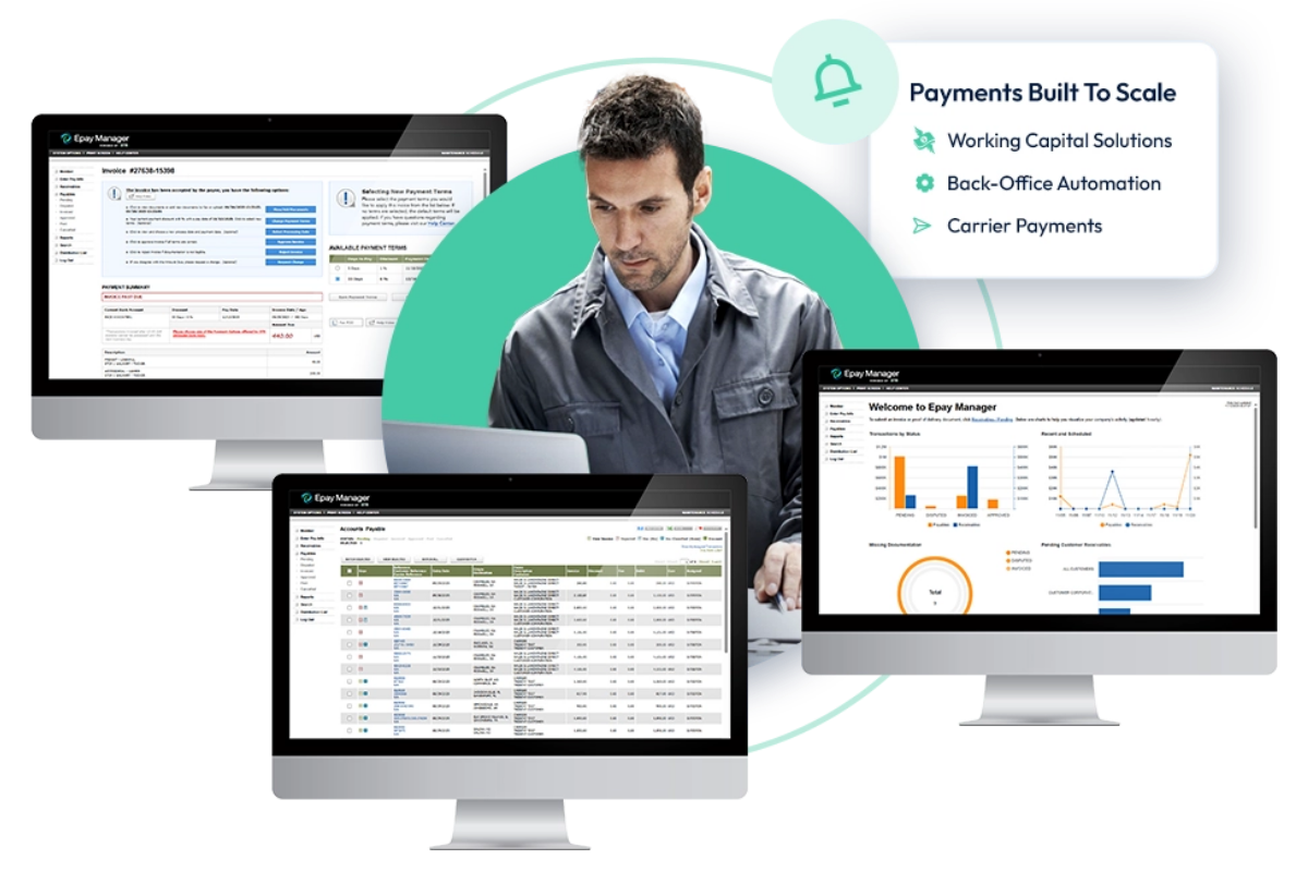 Freight broker surrounded by Epay Manager invoice, document-audit, and payment dashboards.