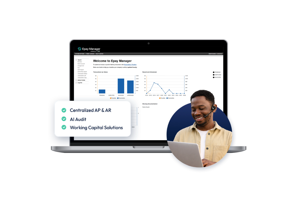 Freight invoicing and payment platform dashboard showing centralized accounts payable, accounts receivable, and AI audit tools