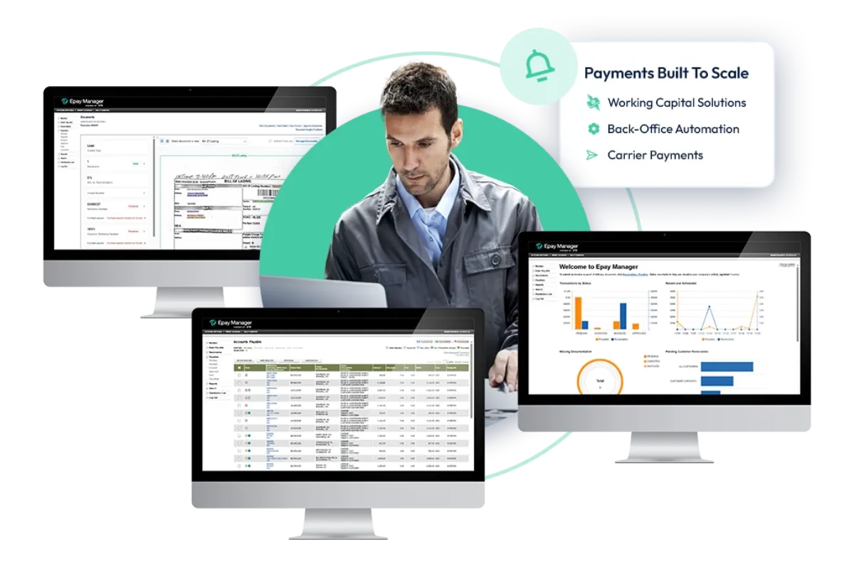 Freight broker surrounded by Epay Manager invoice, document-audit, and payment dashboards.