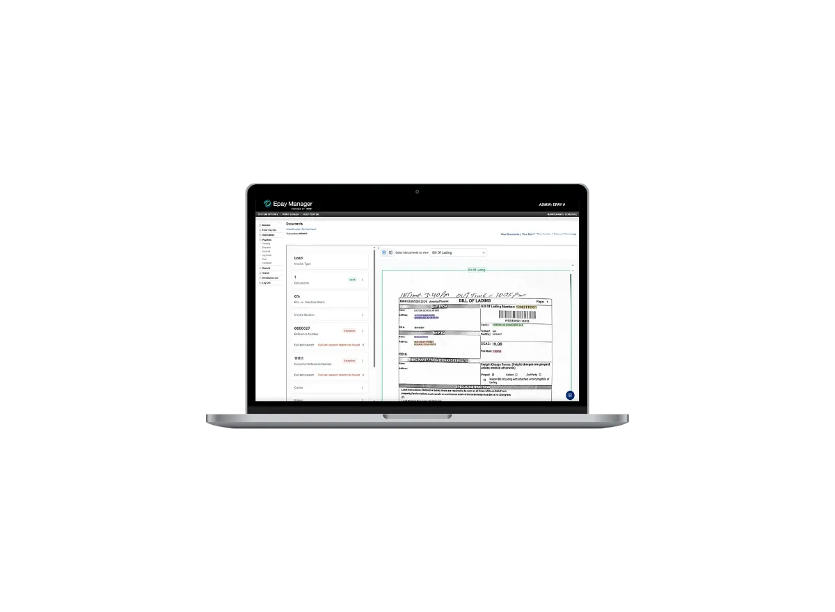 Epay Manager document-audit screen displaying shipment details and a scanned bill of lading.